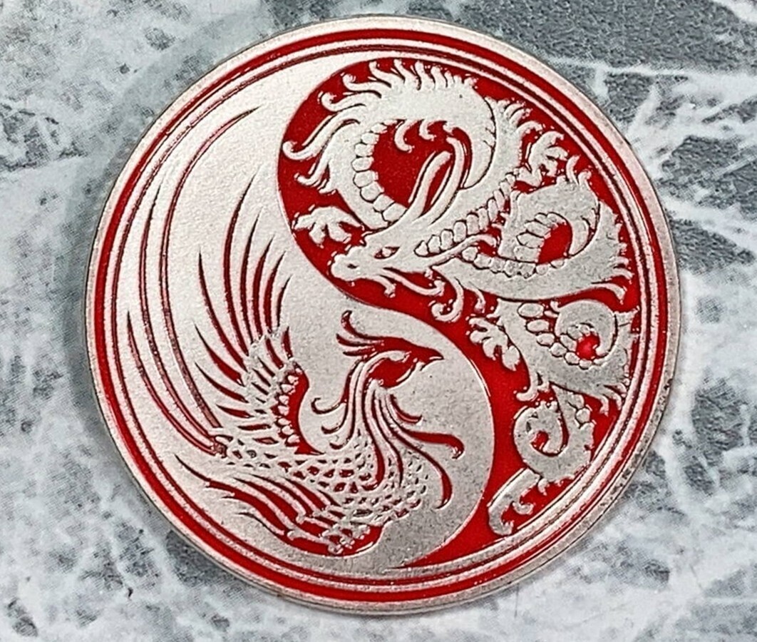 ◆同梱発送可◆「コイン 龍/ドラゴン & 鳳凰/フェニックス 太極図 日本神話/中国神話/風水 赤/銀」fire_sale 【タグ:アクセサリー】拍卖