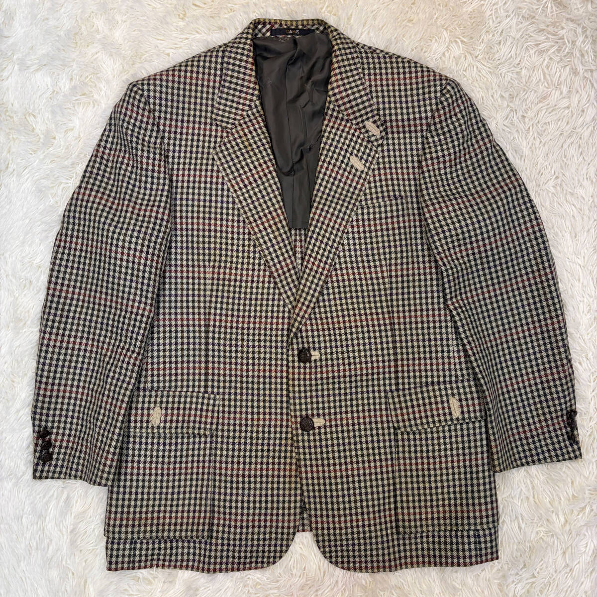 ダックス DAKS チェック テーラードジャケット ウールシルク混 2ボタン 総裏 グレー系 メンズ ポケットボタン欠損あり拍卖