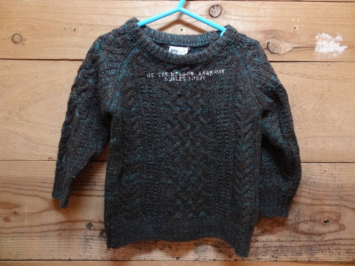 全国送料無料 ブリーズ BREEZE 子供服キッズベビー男の子首元プリント入り茶系混ざり毛糸アクリル70%ウール30%素材 縄編みセーター 95拍卖