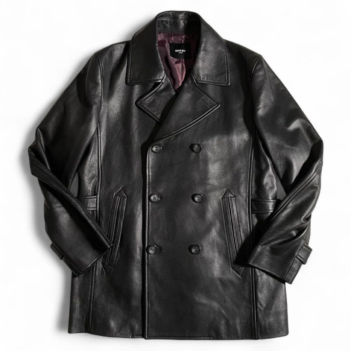 定価165,000円 メンズビギ Men’s Bigi レザーコート ピーコート ダブルブレスト シープレザー 型押し拍卖