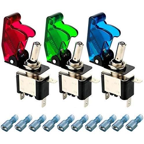 E408-3個 Kiligen 3個 12V-24V 20Aミサイルスイッチトグルスイッチ オン/オフSPST 3極タイプトグルロッカー スイッチ LED搭載(赤/緑/青)拍卖