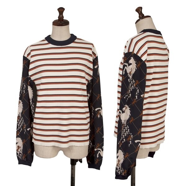 クロエChloe シルク袖ホースプリント切替ボーダーリブニット オフ紺M拍卖