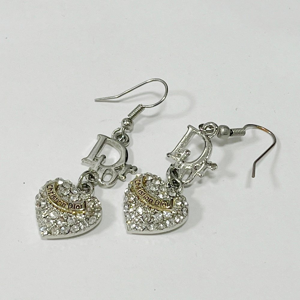 YA1 Christian Dior クリスチャンディオール ハート ラインストーン シルバーカラー イヤリング拍卖