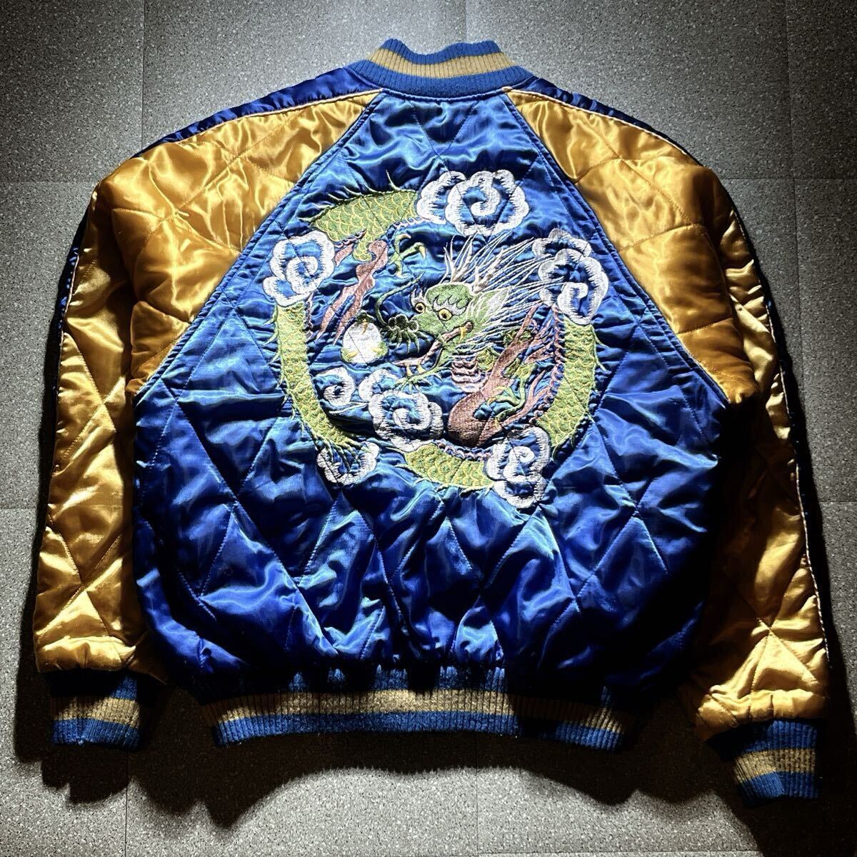 HOUSTON ヒューストン スーベニアジャケット サテン スカジャン ブルー イエロー M刺繍 龍 ブルゾン キルティング アメカジ拍卖