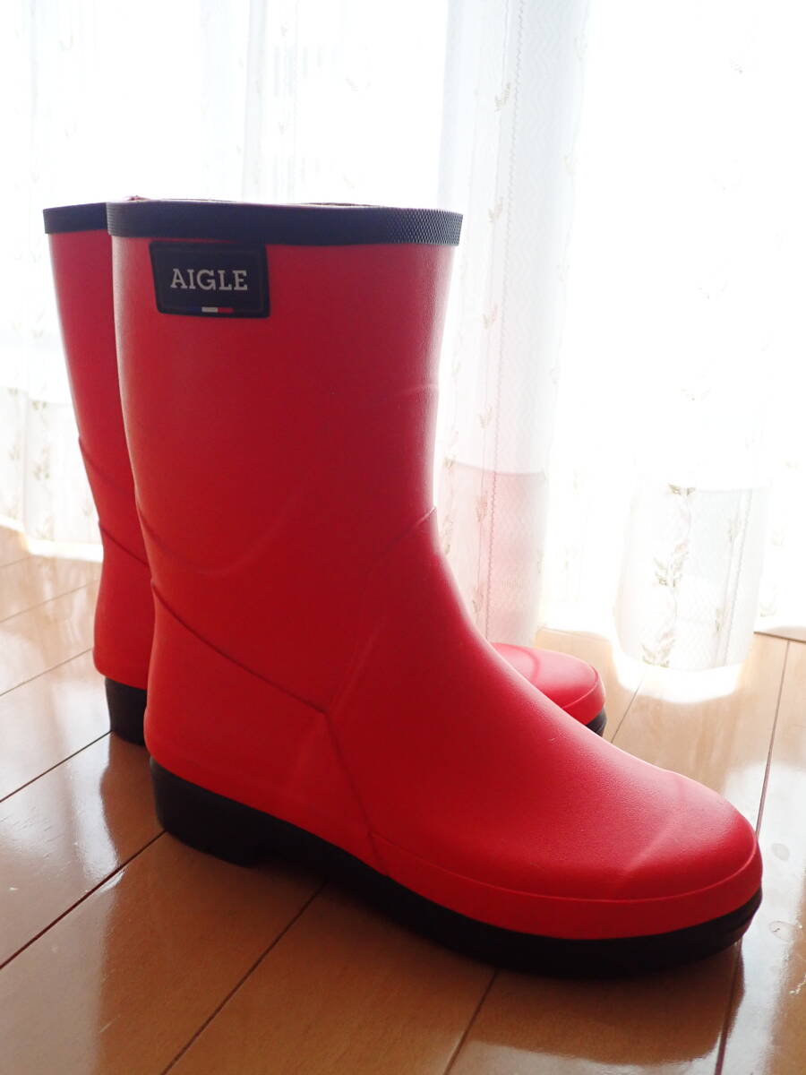 ★新品・フランス製・AIGLE・エーグル・ブーツ・36・レイン・長靴・ショート・赤・Red・ショート丈☆拍卖