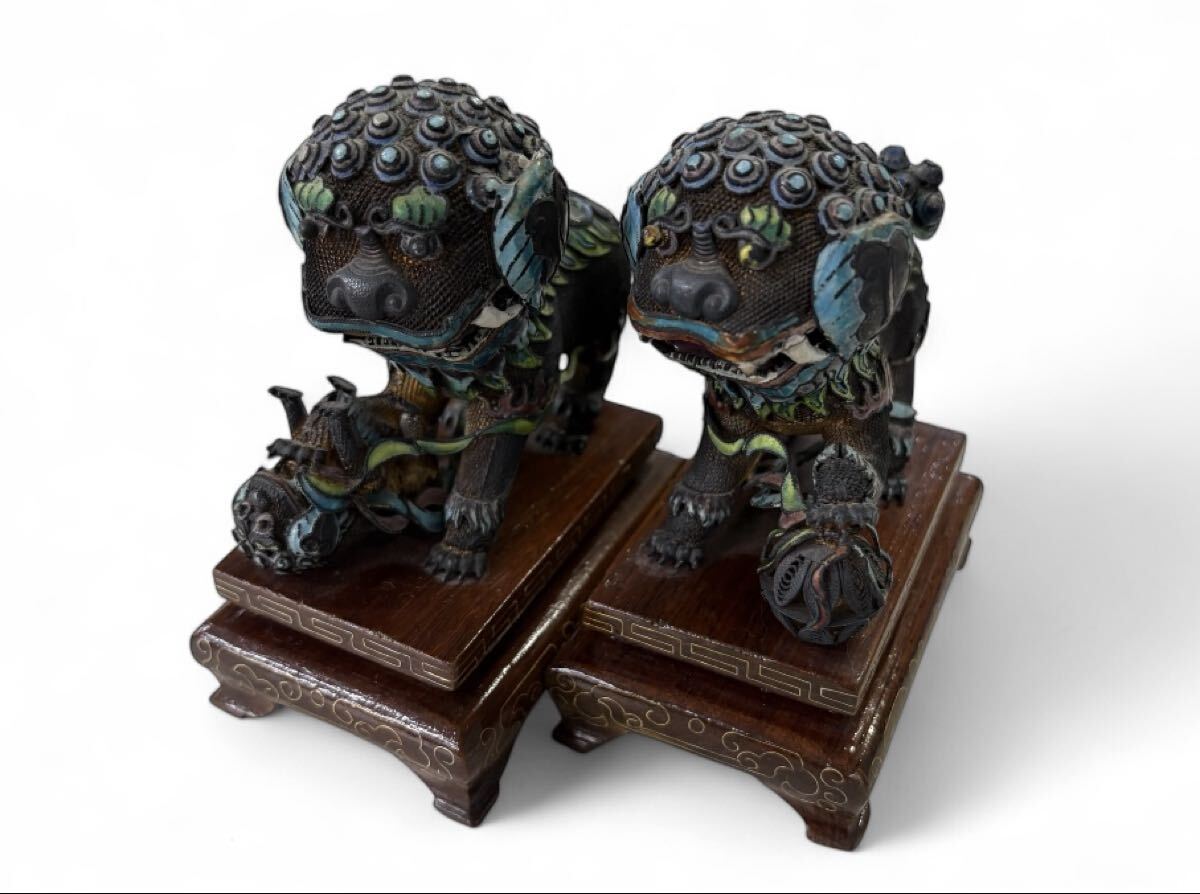 【 銀製七宝細工 置物 獅子像 2体セット 】 フー・ドッグ / 中国美術 / 狛犬 / 骨董 / アンティーク拍卖