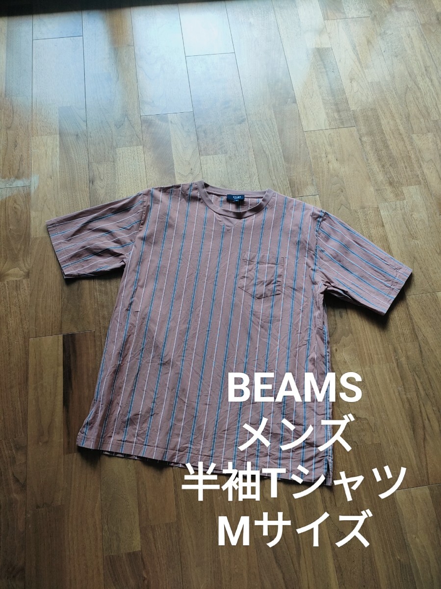 ビームス メンズ ストレッチ ストライプ 半袖 Tシャツ ブラウン M拍卖