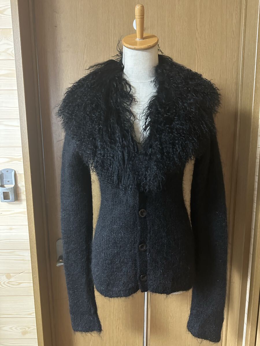 ◇ピンキー&ダイアン Pinky&Dianne リアルチベットラムファー毛皮付き モヘヤ混ニットカーディガン 黒◇古着レトロヴィンテージ拍卖