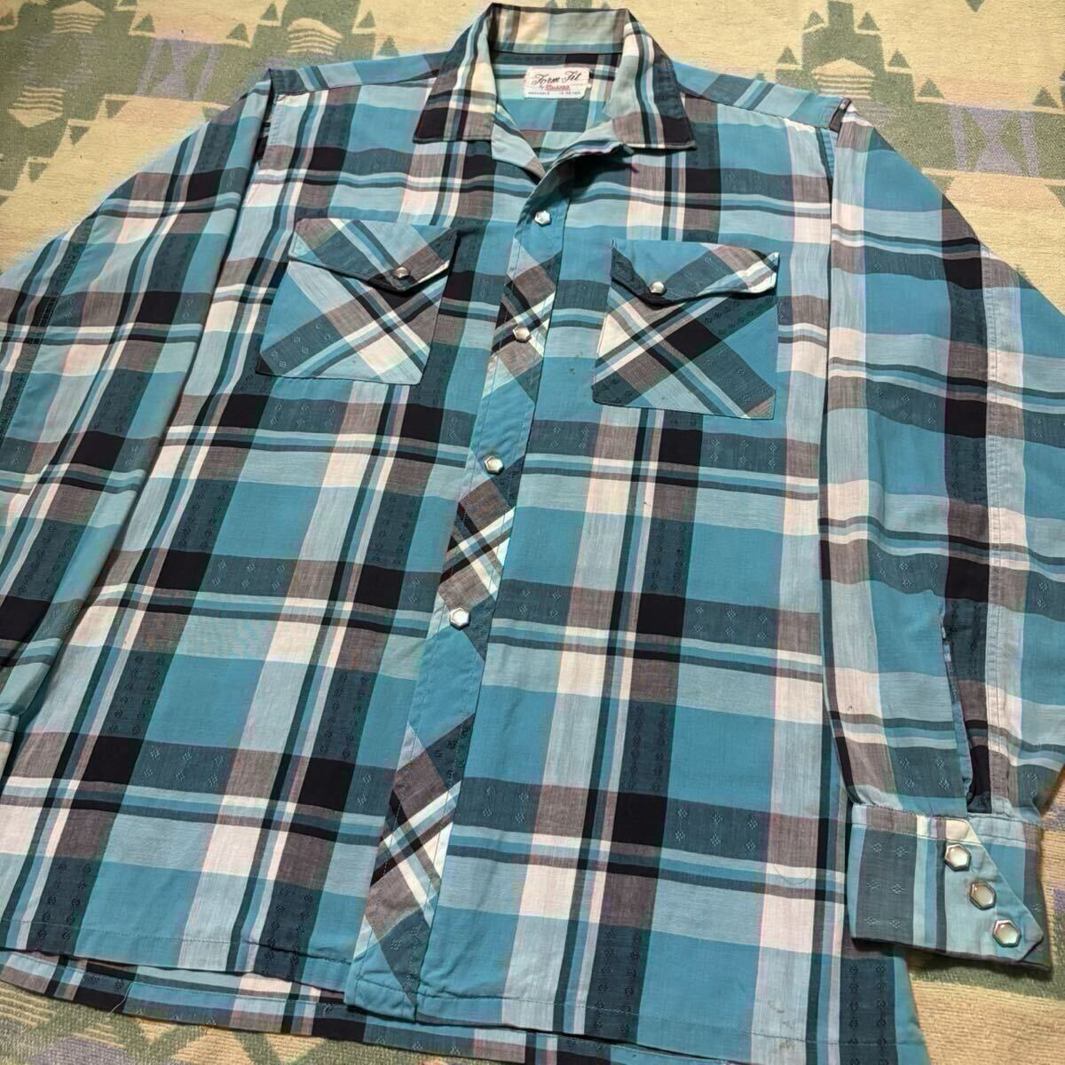 超希少 60s CAMPUS OPEN COLLAR PLAID PATTERN WESTERN SHIRT キャンパス ウエスタンシャツ ヴィンテージ(検 30s 40s 50s レーヨン ギャバ拍卖