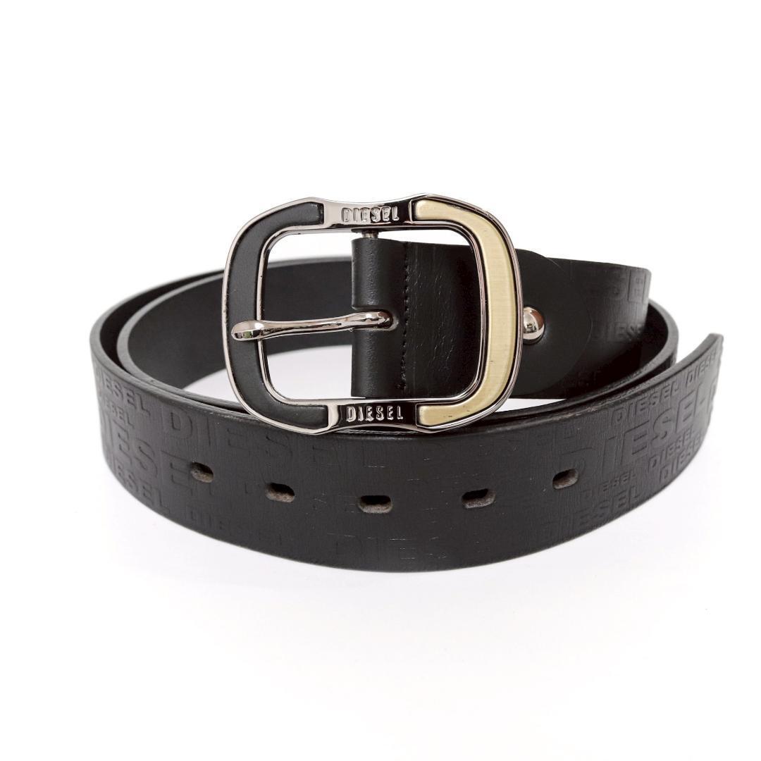 ディーゼル ロゴ型押し ベルト 黒×ガンメタ 110cm 幅3.8cm 1055拍卖