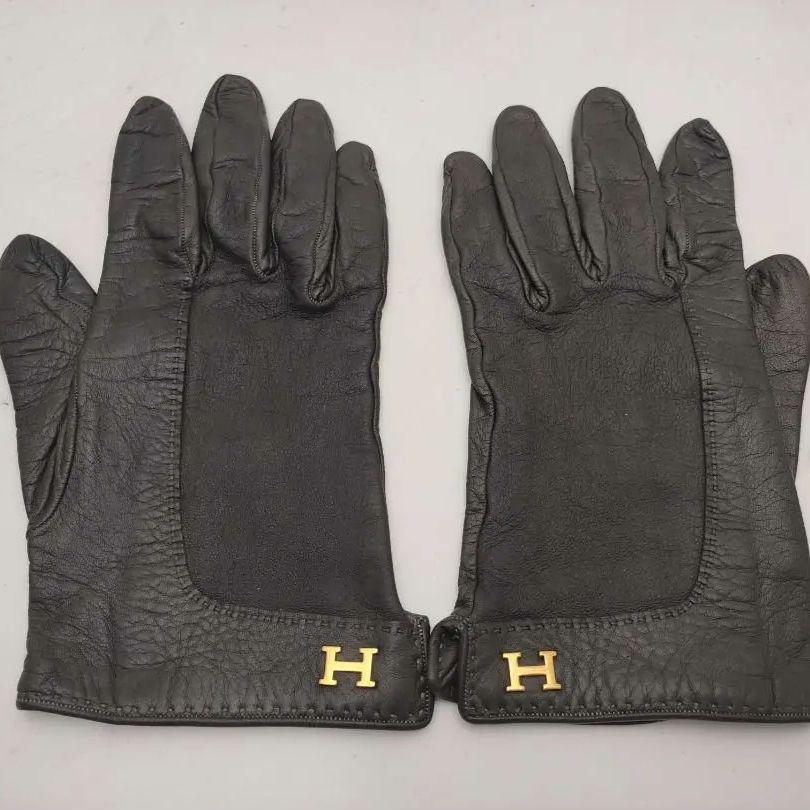 美品 エルメス H金具 レザー手袋 黒 レディース7.5 仏製 1046拍卖