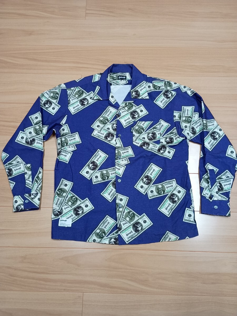 Schott ショット オープンカラー 紙幣プリント ネルシャツ ネイビー サイズL モヒカン小川さん着用モデル 拍卖