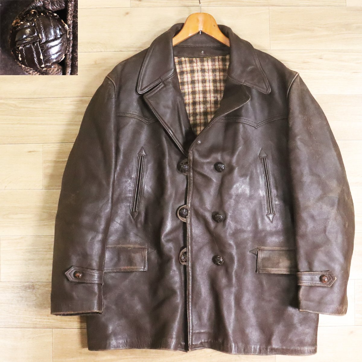 A1O/Y6.5-1 ユーロビンテージ レザーカーコート マッキーノコート 本革 ダブルブレスト 革ジャン 裏チェック ユーロ古着 メンズ拍卖