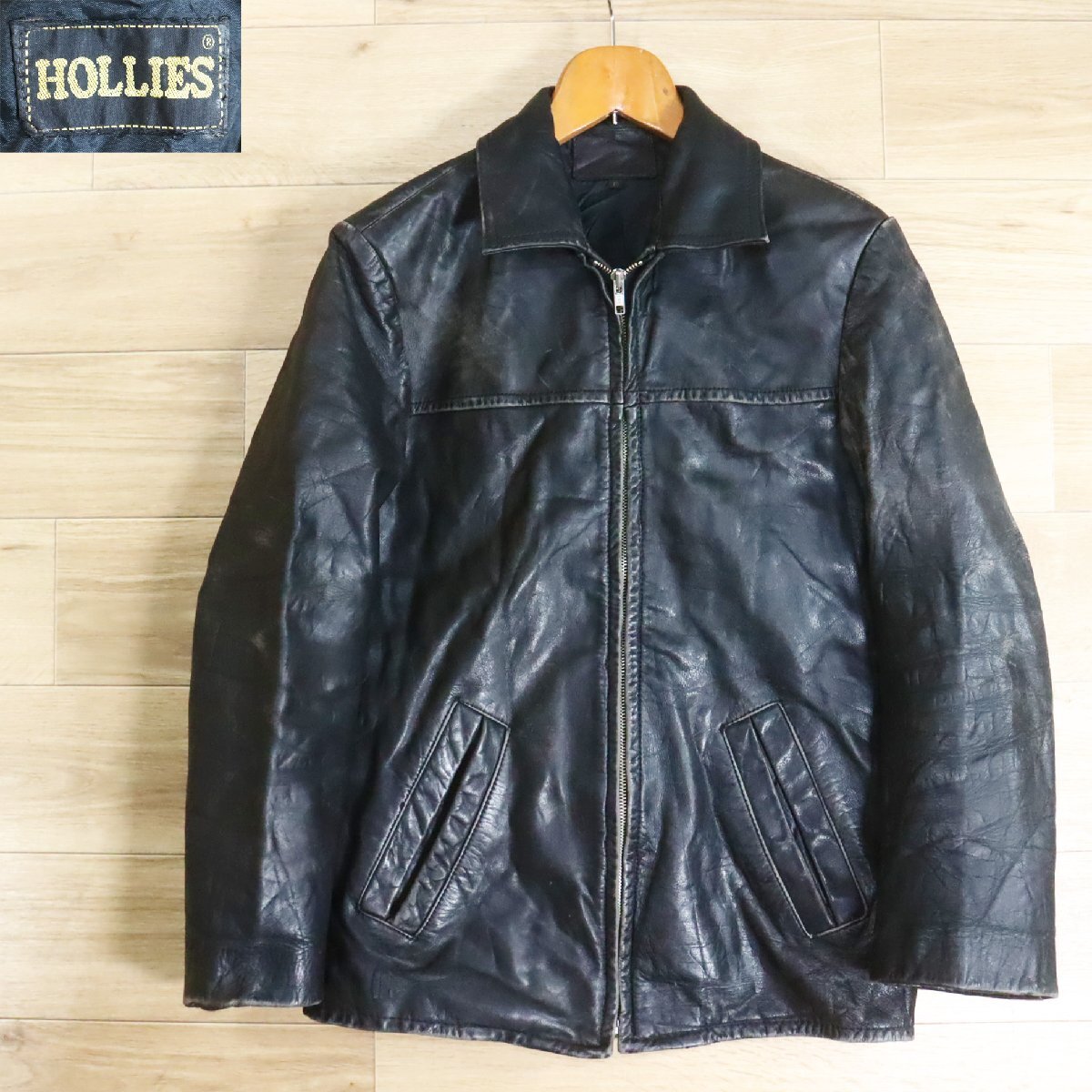 Y6R/Y4.30-1 HOLLIES レザージャケット 本革 レザーブルゾン 革ジャン 皮ジャン ジップアップ XS メンズ ブラック拍卖