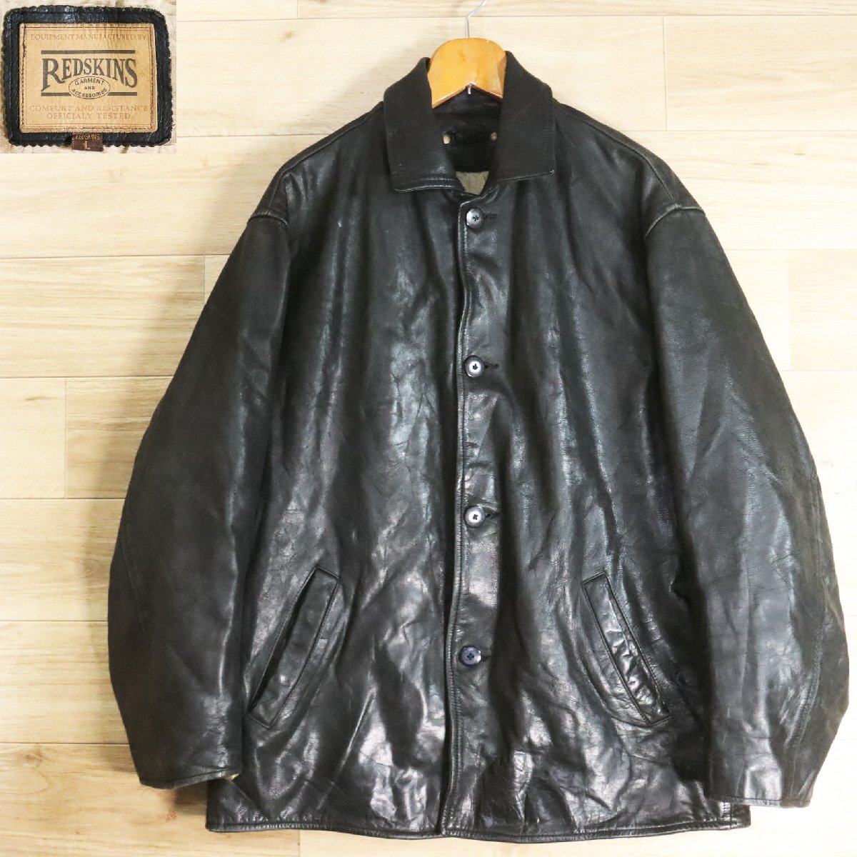 J6R/Y4.8-3 RED SKINS レッドスキンズ レザーカーコート 本革 レザージャケット 革ジャン 皮ジャン L メンズ ブラック拍卖