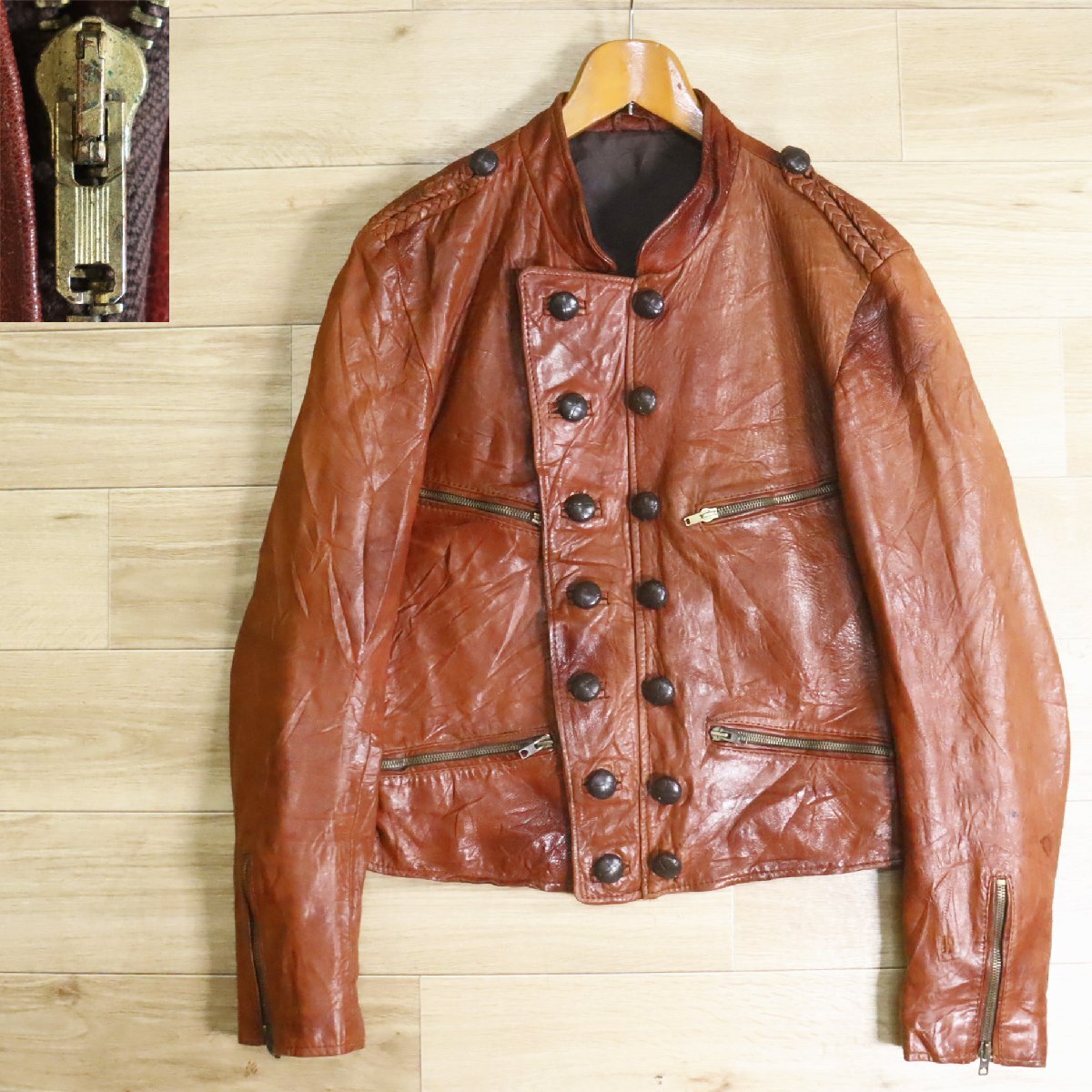 %1R/Y5.1-1 ユーロ古着 ダブルブレスト モータサイクルジャケット 本革 レザージャケット ナポレオンジャケット ヴィンテージ拍卖