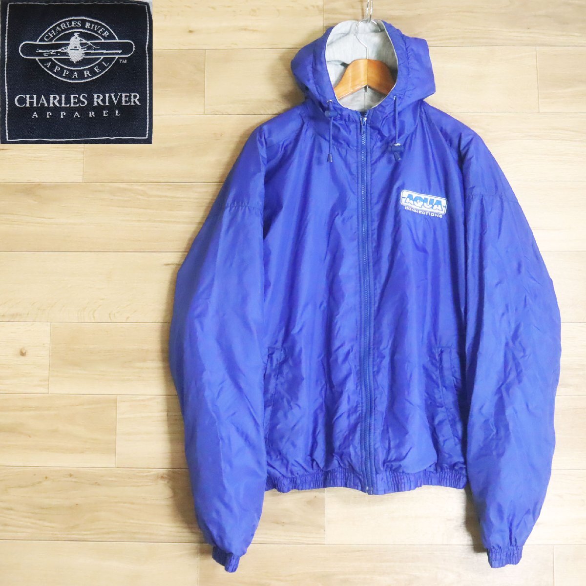 \5R/R6.10-7 CHARLES RIVER APPAREL ナイロンジャケット ジップアップパーカー 裏地スウェット ブルゾン ジャンパー XL ブルー拍卖