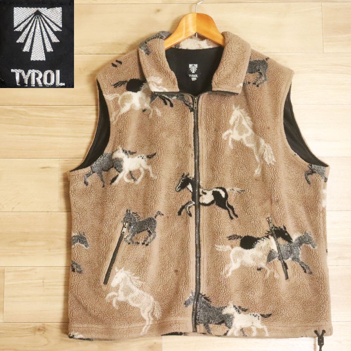\5R/R6.10-7 カナダ製 TYROL フリースベスト 総柄 馬柄 ボアベスト ジップアップベスト アニマル柄 裏メッシュ XL メンズ拍卖