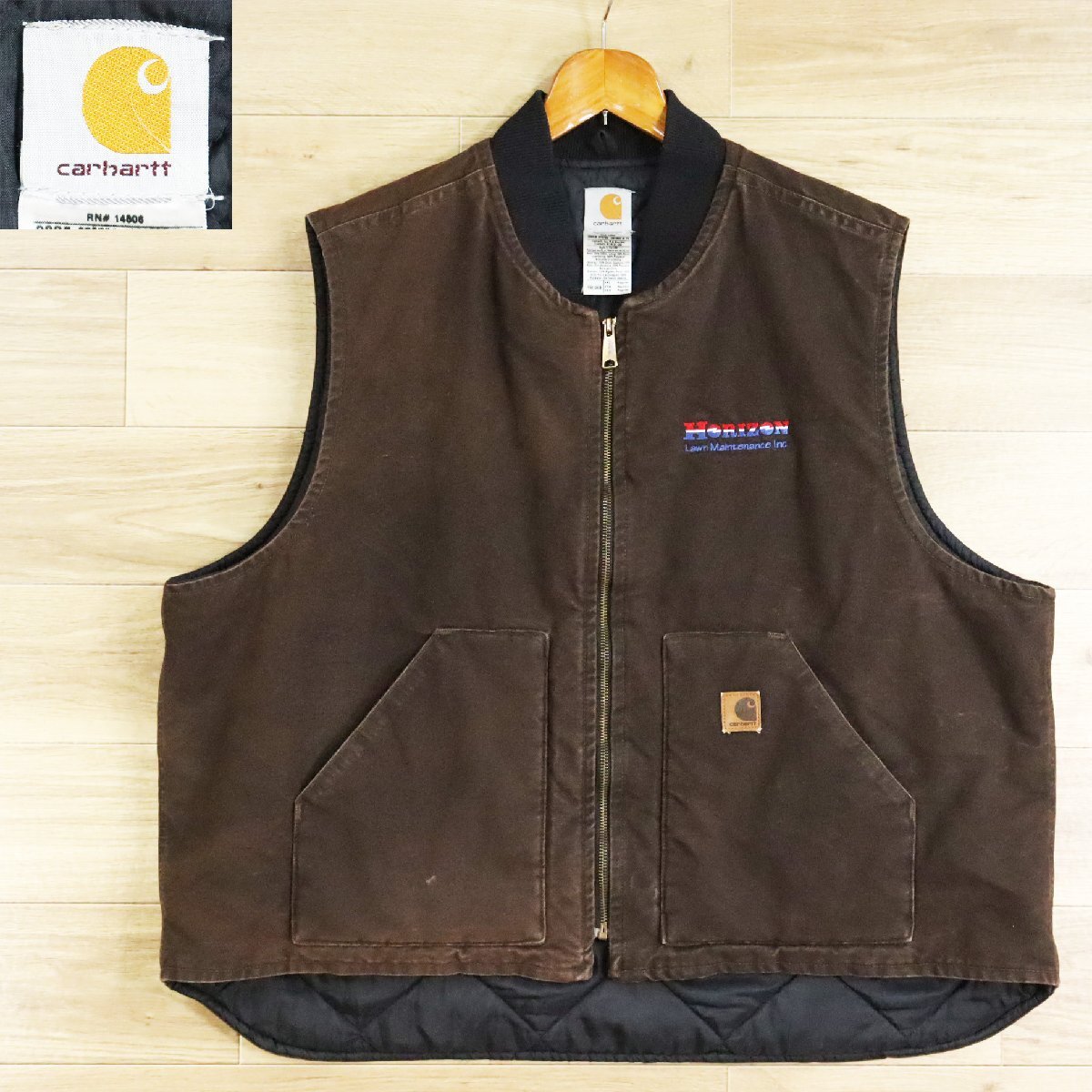 N12K/O4.8-8 Carhartt カーハート ダックベスト ワークベスト ジップアップベスト 企業刺繍 ブラウン 3XL ビッグサイズ拍卖