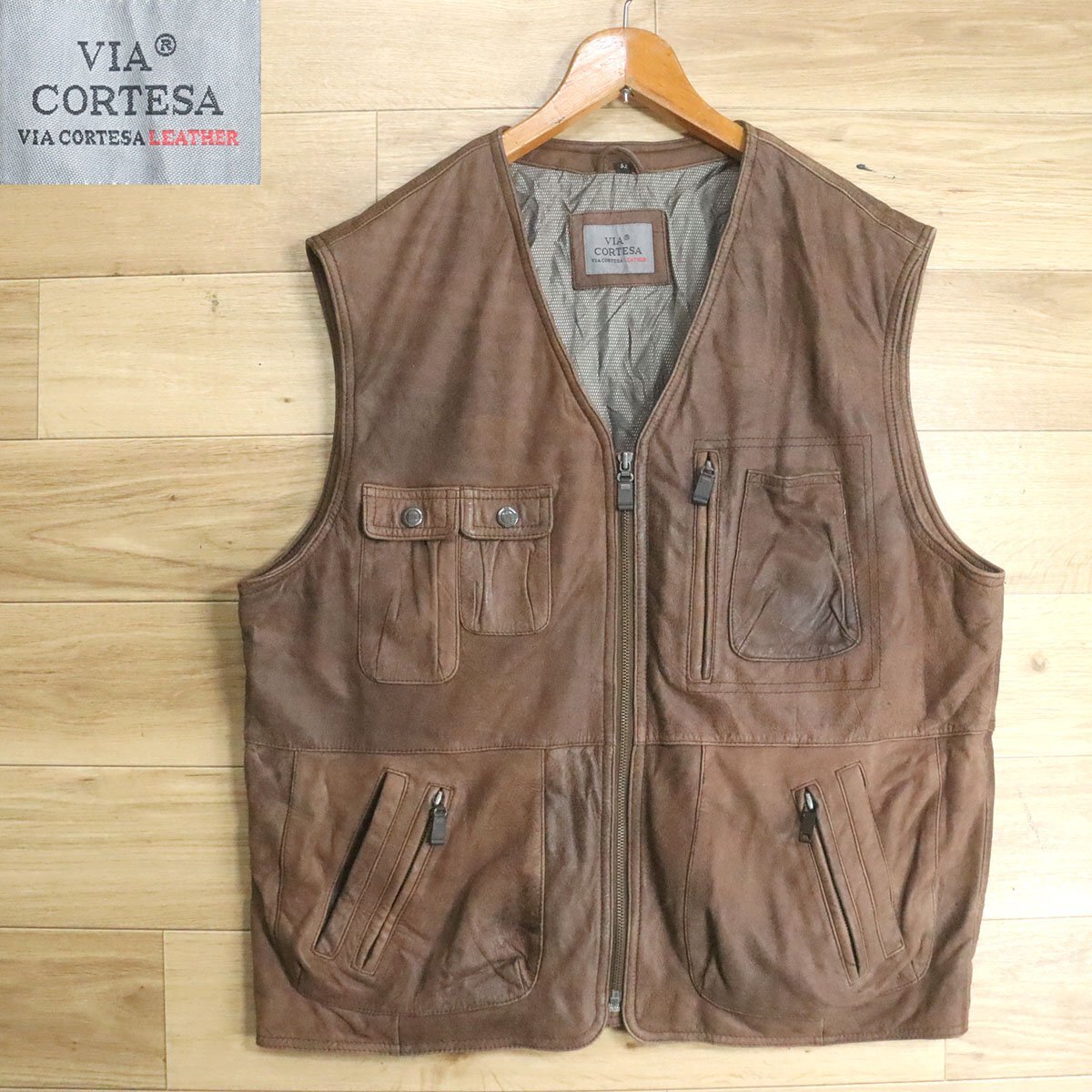 N8O/S6.11-1 VIA CORTESA レザーベスト 本革 革ベスト 皮ベスト ジップアップベスト チョッキ ジレ メンズ 52 ブラウン系拍卖