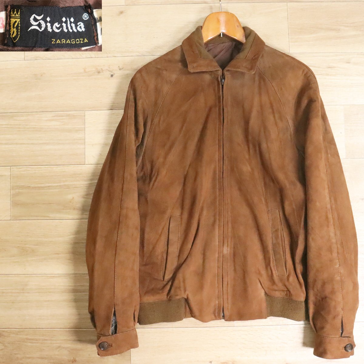 ?15O/Y6.11-4 Sicilia スエードジャケット 本革 スウェード 革ジャン 皮ジャン レザーブルゾン メンズ キャメル系 サイズ52拍卖