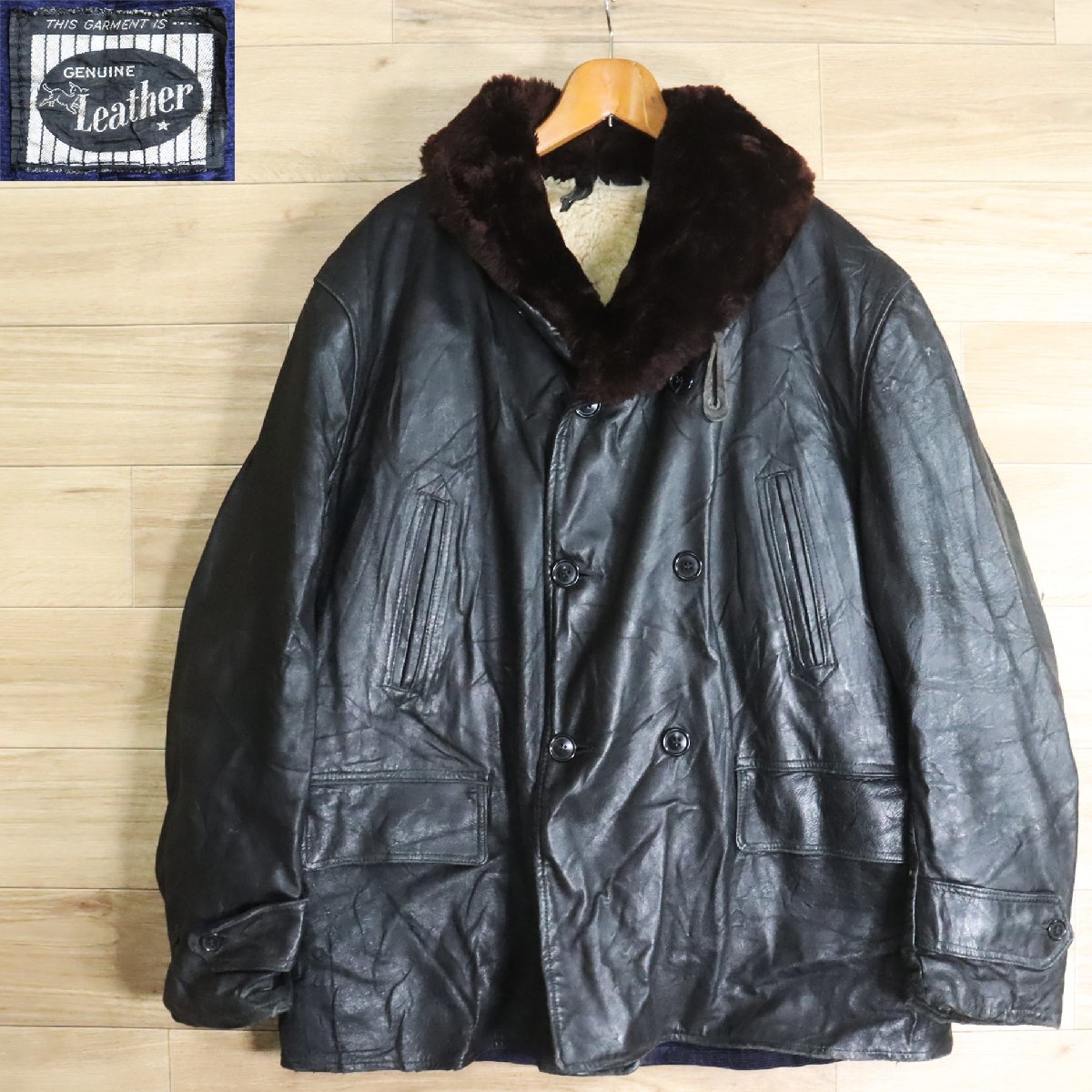 G6S/Y5.5-3 GENUINE Leather 襟ボア レザーカーコート 本革 レザージャケット ムートンライナー フライングコート ヴィンテージ拍卖