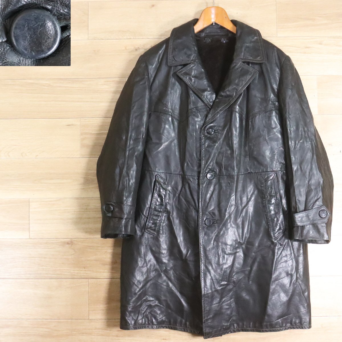 K9S/Y6.12-7 ユーロ古着 モーターサイクルコート 本革 レザーカーコート レザージャケット ライダース ブラック ヴィンテージ拍卖