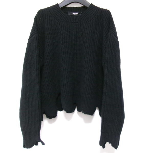 新品★VERSACE ヴェルサーチ★イタリア製 ウールニット★ブラック サイズ40 リブ編み メドゥーサ ダメージ加工拍卖