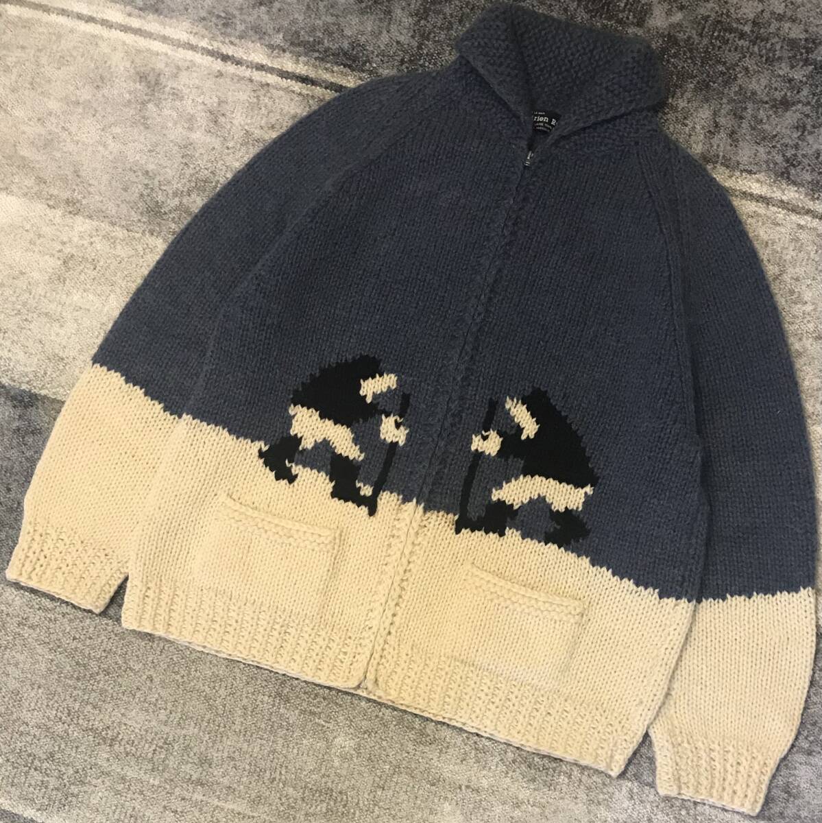 インパクト抜群 稀少 エスキモー&ハスキー犬 80's vintage ★ Adrien Racine ★ ALASKA イヌイット カウチンニットジャケット カーディガン拍卖