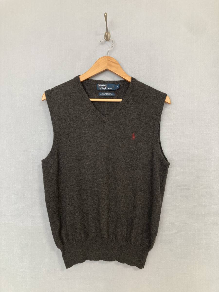 ★POLO Ralph Lauren ポロ ラルフローレン メリノウール ベスト M グレー ワンポイント ロゴ 刺ポニー ウール セーター ニット拍卖