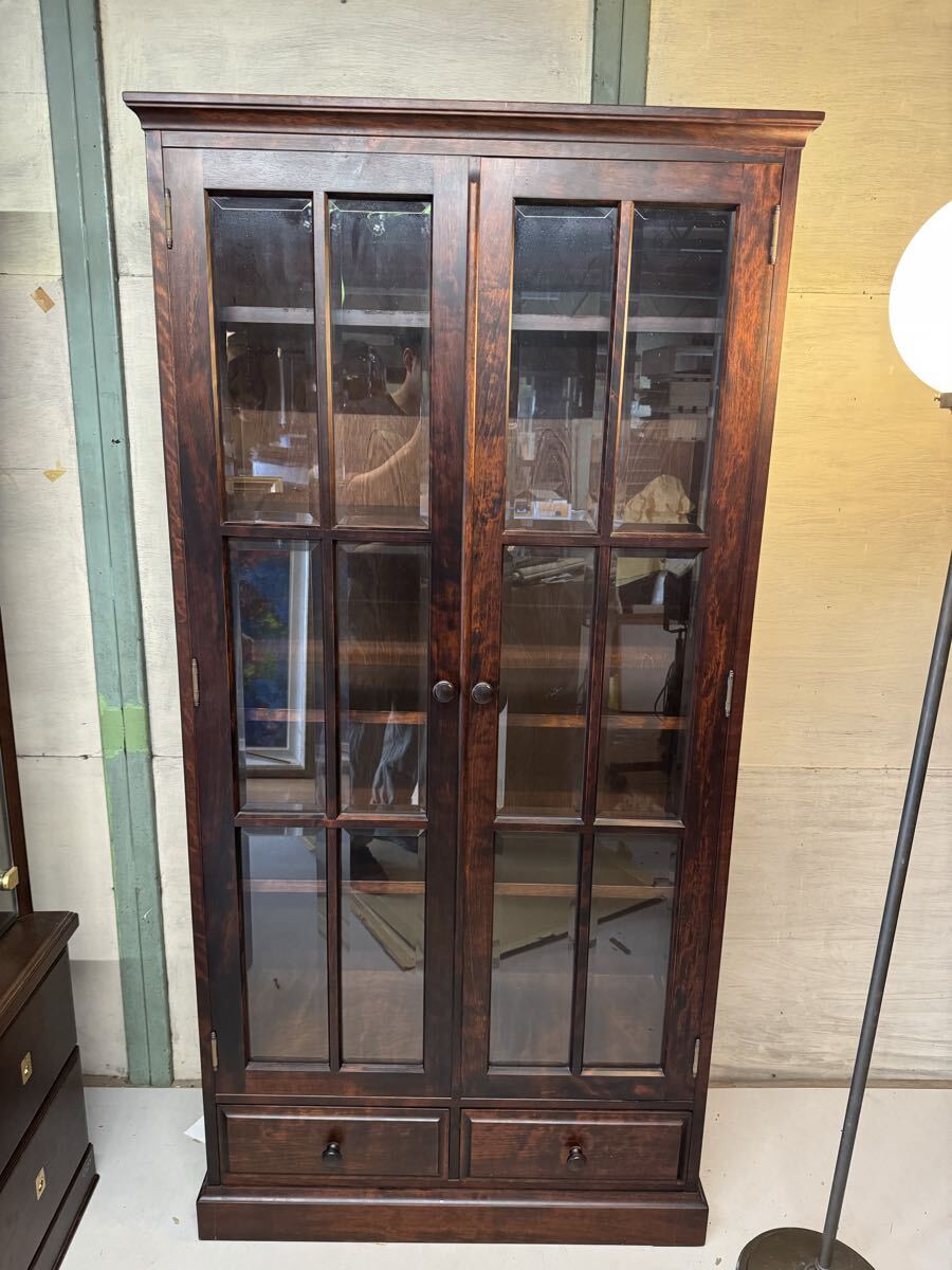 2 北海道 民芸家具 樺材 本棚 書棚 面取りガラス 食器棚 樺材 飾り棚 ブックシェルフ 収納棚 キャビネット 和モダン 古民家 拍卖