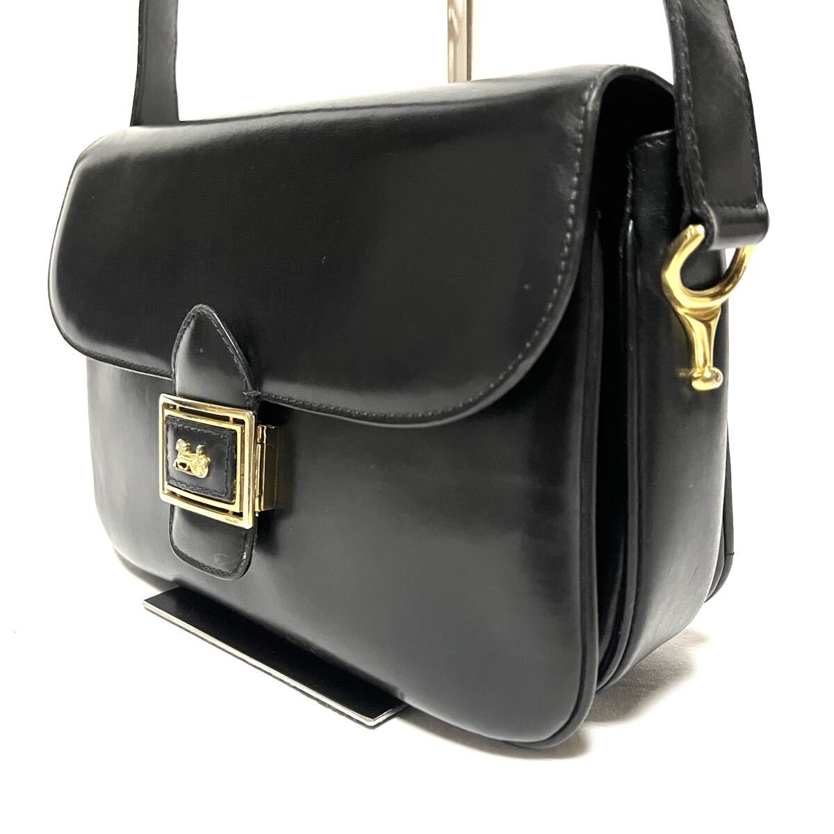 ★激レア★CELINE オールドセリーヌ★ヴィンテージ★レザーショルダーバッグ★黒 ブラック★CARRIAGE カレッジ★馬車モチーフ★ゴールド★拍卖