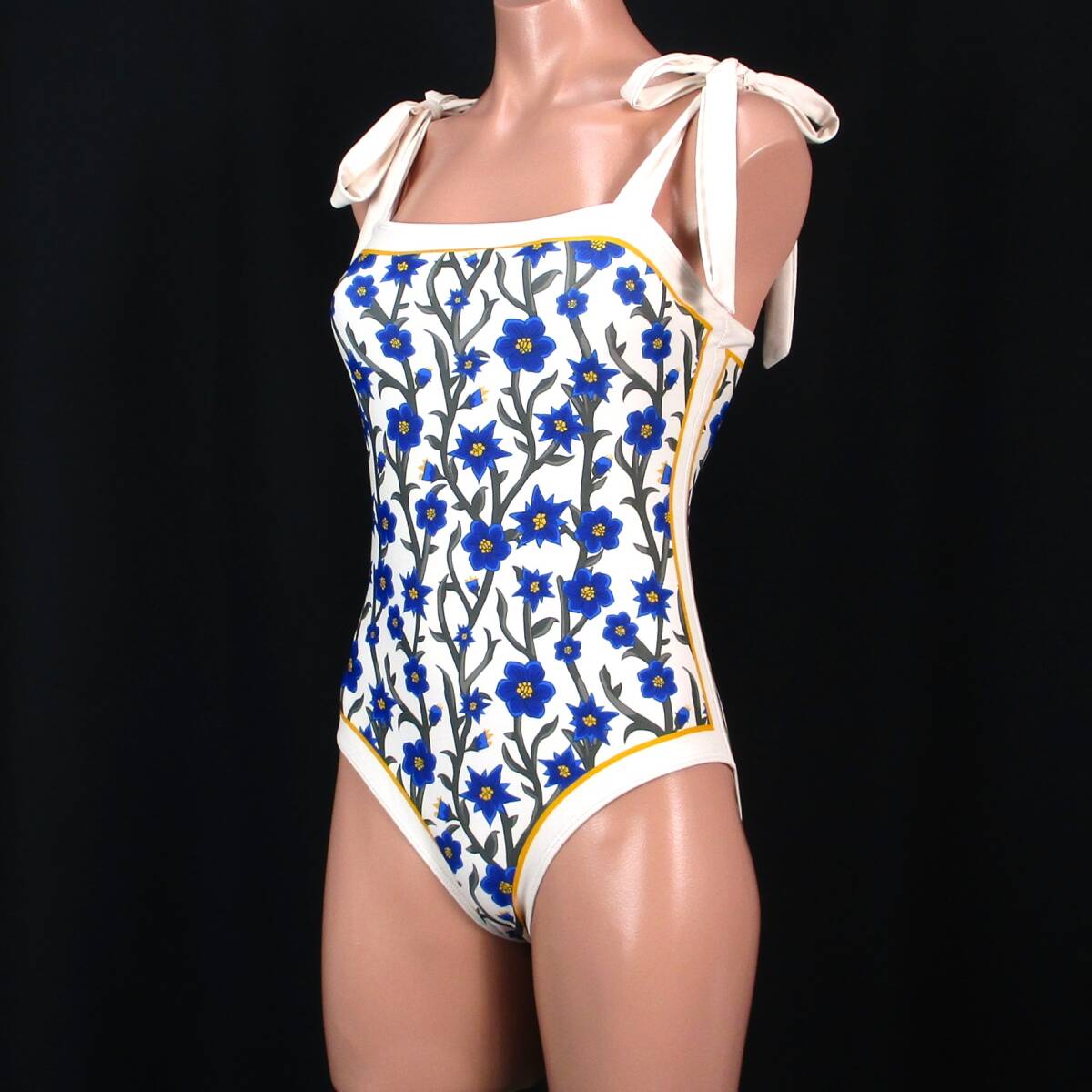 E9358★セクシー リボン 水着 ワンピース レディースM 花柄 ブルー ホワイト 白青 ハイレグ おしゃれ ツルスベ 水泳 プール ビーチ 海拍卖