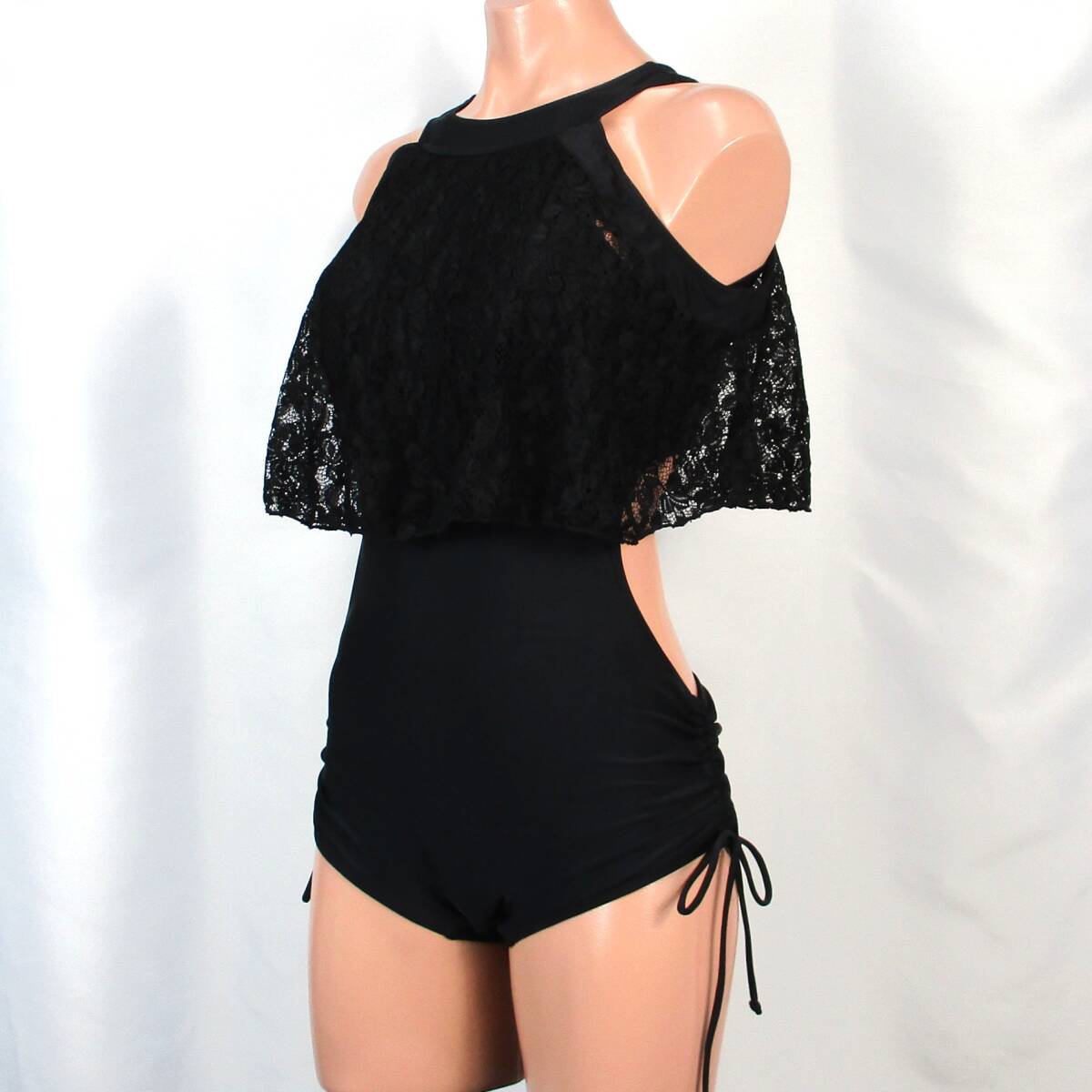 E9361★セクシー レース素材 ブラック 水着 モノキニ ワンピース レディースL 黒 ツルスベ リボン 水泳 スイム プール ビーチ 海拍卖