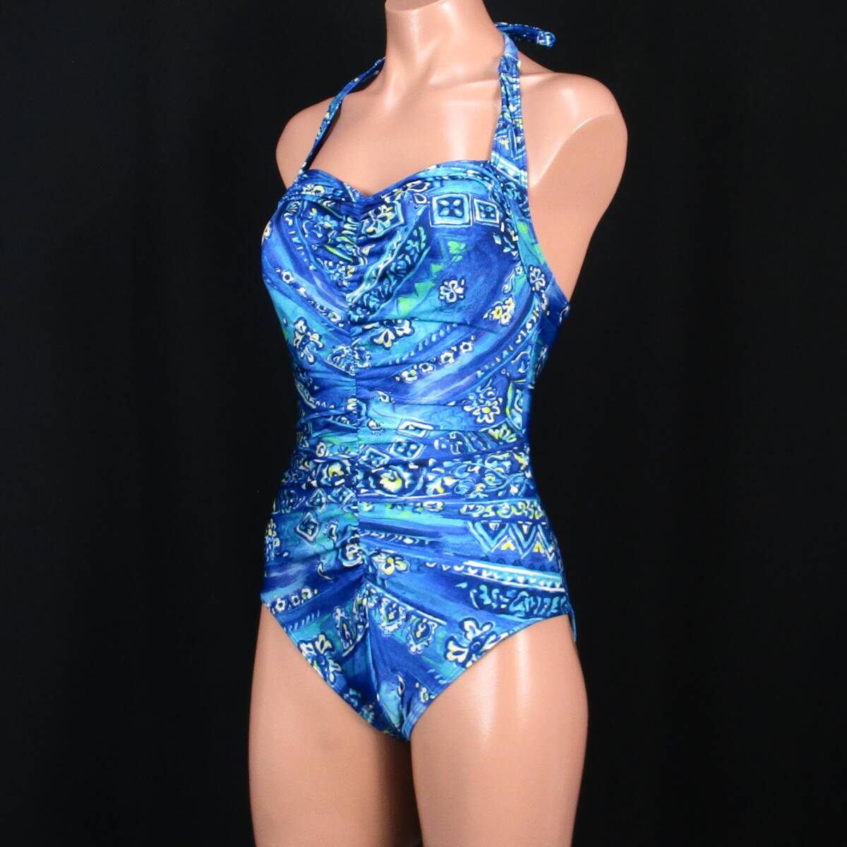E9422★ホルターネック ハイレグ セクシー 水着 ワンピース レディースL 11サイズ 青 ブルー 柄模様 日本製 水泳 プール ビーチ 海拍卖