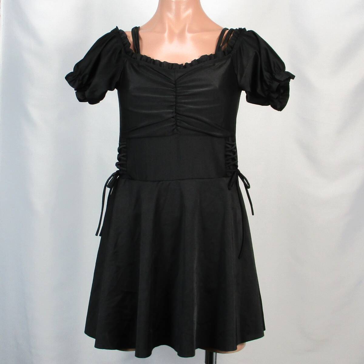 E9477★オフショル 水着 スカート ワンピース レディース かわいい おしゃれ 半袖 リボン ブラック 黒 ツルスベ 水泳 プール ビーチ 海拍卖