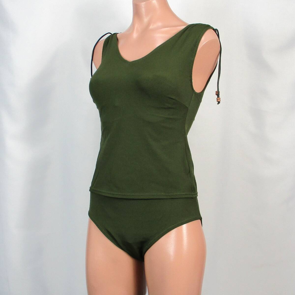 E9488★使用感あり カーキ色 グリーン系 水着 ワンピース タンキニ風 セパレート風 レディース 9M 無地 シンプル 水泳 プール ビーチ 海拍卖