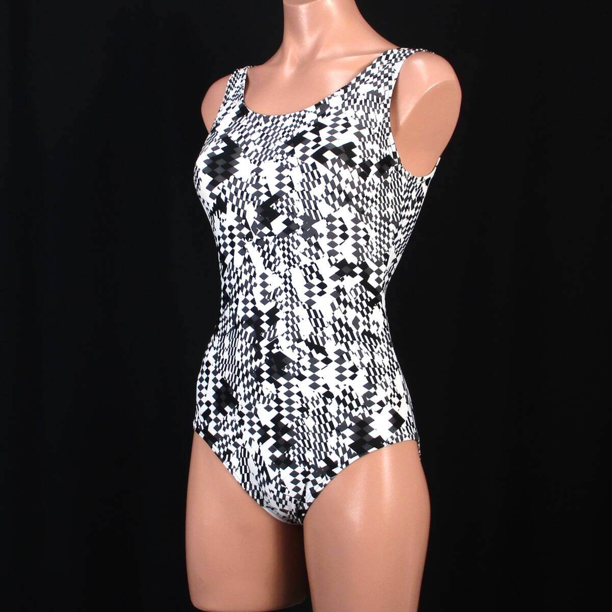 E9584★ホワイト ブラック 柄模様 水着 ワンピース レディース 9M 日本製 白黒 モノトーン ツルスベ 水泳 プール ビーチ 海拍卖