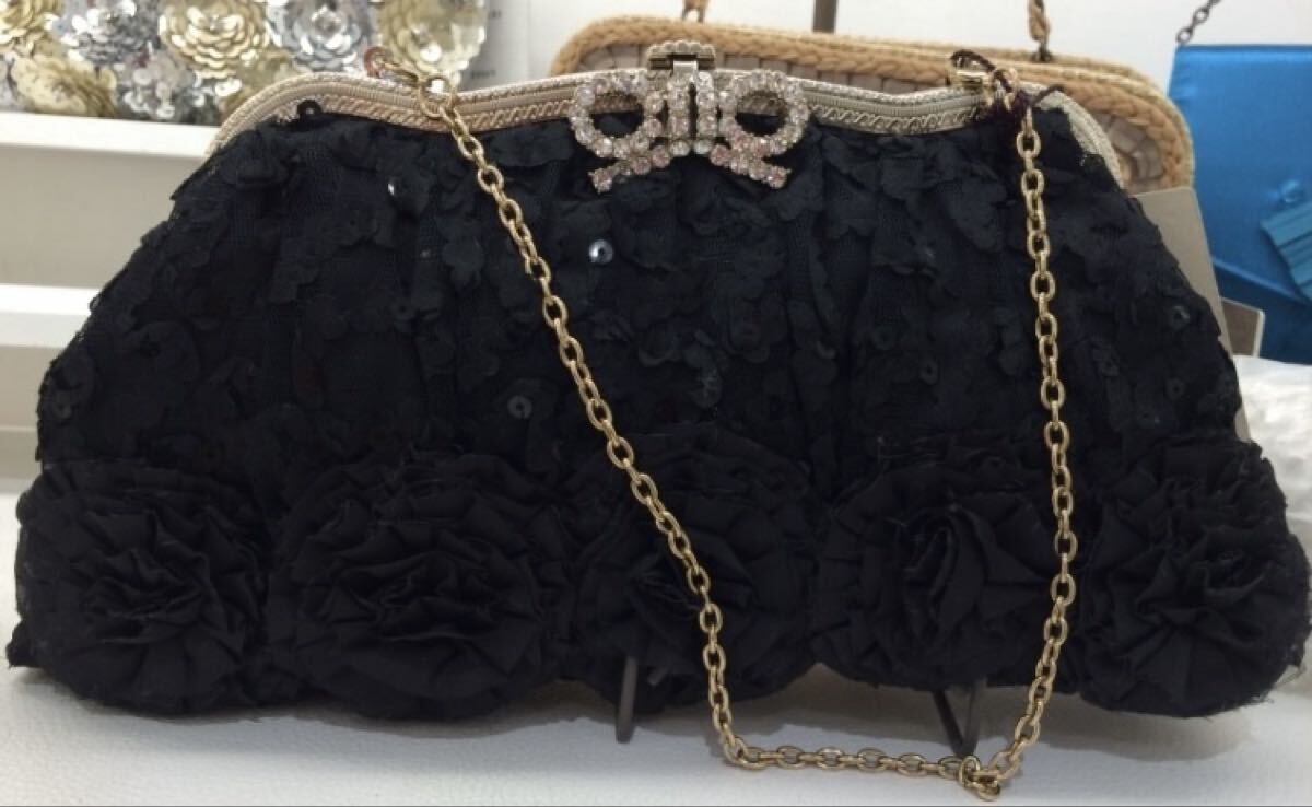再↓人気★ma chere Cosette?マシェールコゼット★スパンコールリボンビジューパーティーバッグ ブラック 百貨店購入 クラシカル拍卖