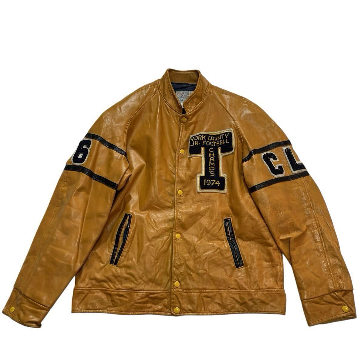 良好☆オールレザー 70s カナダ製 スタジャン 42 マスタード ビンテージ カラシ レタードワッペン ファラオ ライダース レーシング 本革拍卖