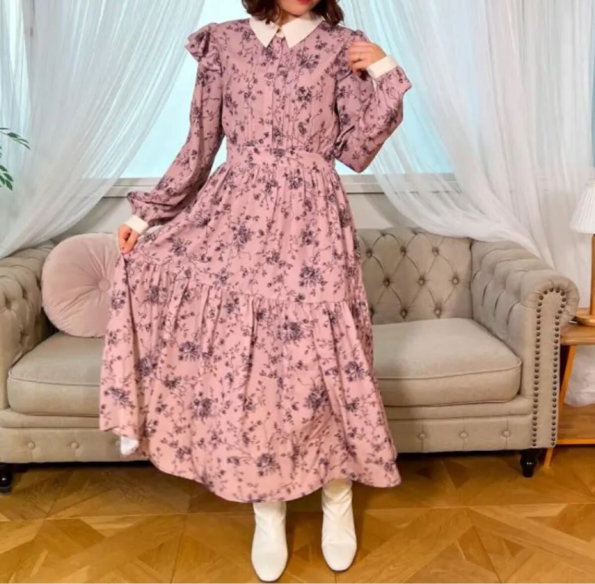 送料無料!美品 アクシーズファム トワルドジュイ風花柄ワンピース ピンク 薔薇 ティアード Mサイズ拍卖