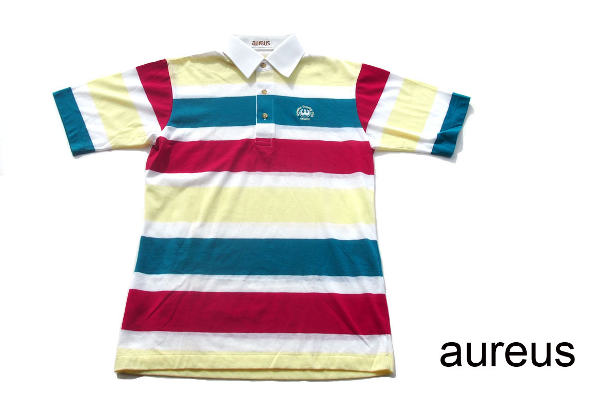 送料無料★【中古】アウレウス|aureus|ボーダー柄半袖ポロシャツ|メンズゴルフウェア|S拍卖