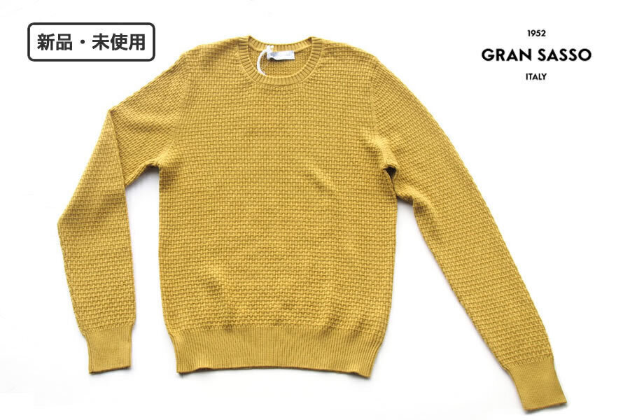 送料無料★新品|未使用|グランサッソ|Gran Sasso|イントレチャート編みクルーネックニットセーター|44|イエロー拍卖