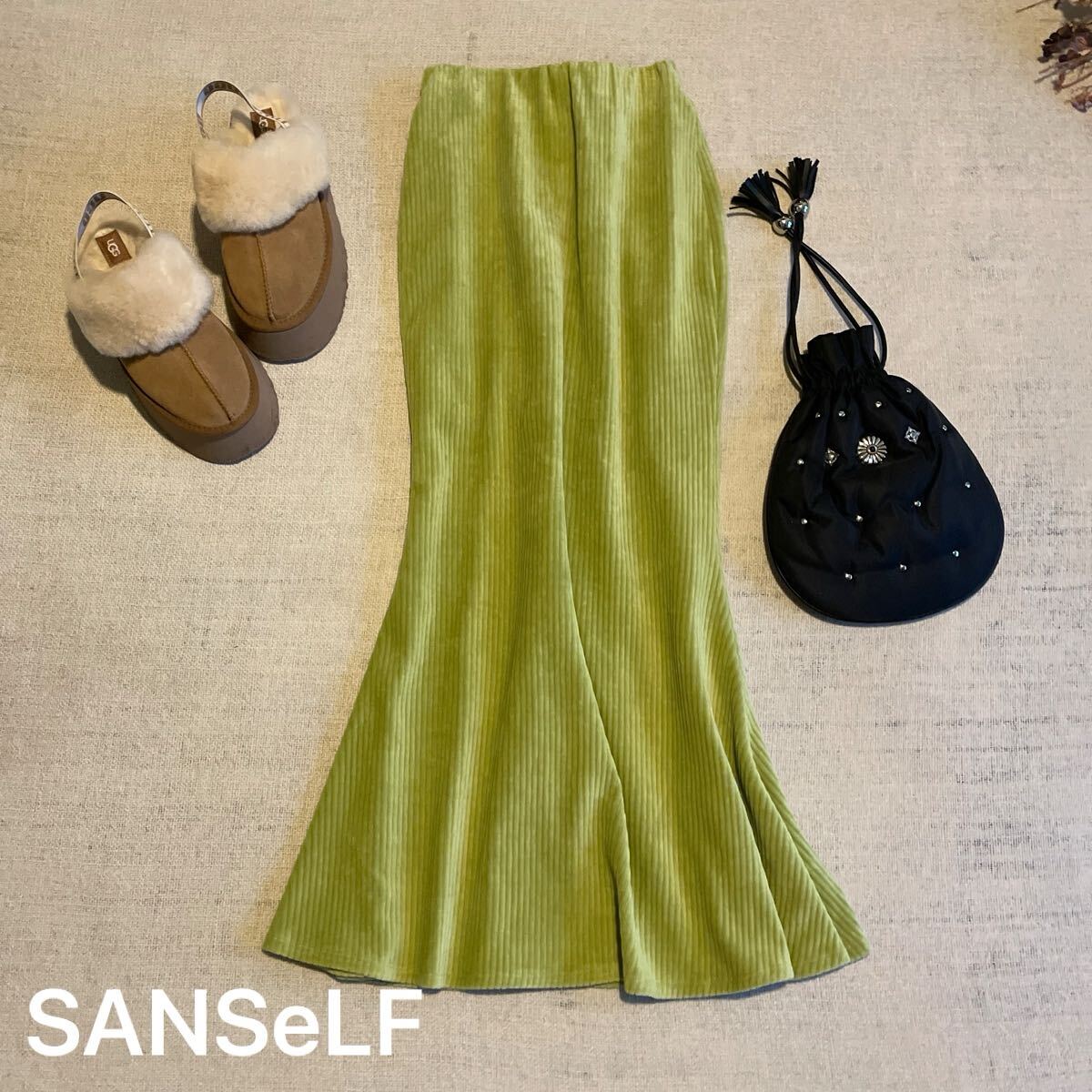 SANSeLF ロングスカート マーメイド コーデュロイ レディースフリーサイズ 美品 ライム グリーン サンセルフ ボトムス マキシ拍卖