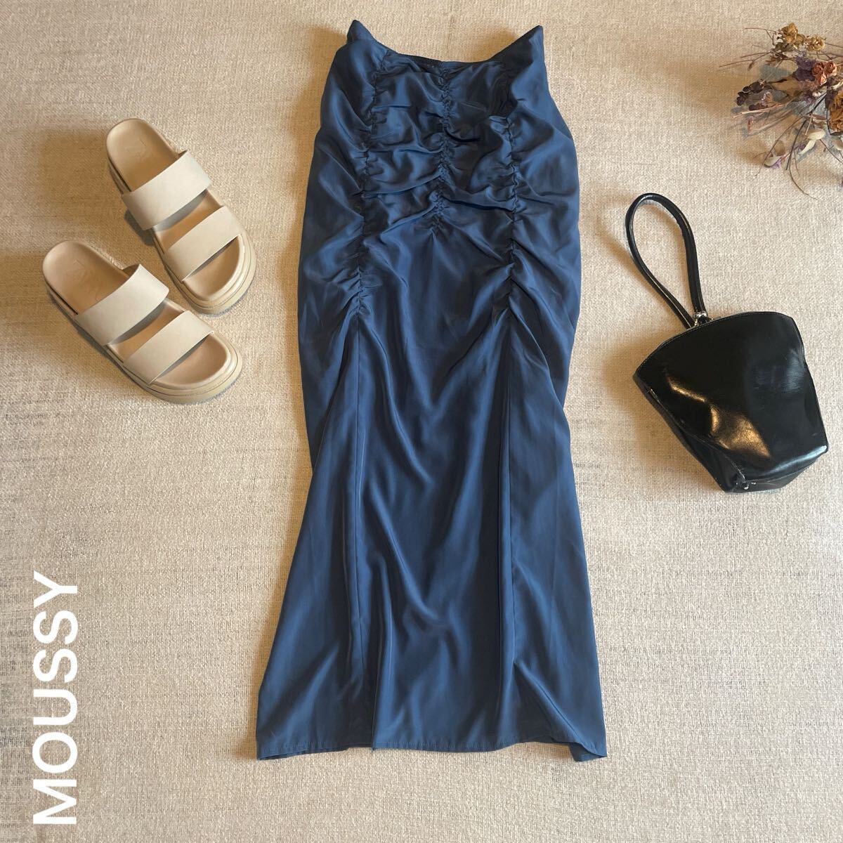 MOUSSY ギャザーフィットスカート ロングスカート マウジー サイズ1 ネイビー マキシスカート ボトムス 美品 マキシスカート 拍卖