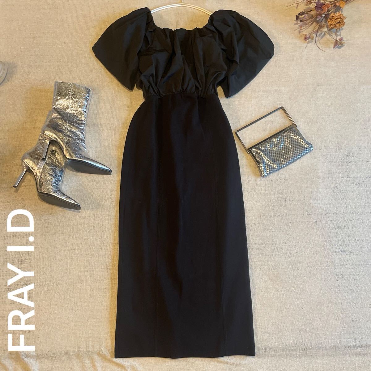 FRAY I.D パフブラウスコンビニットワンピース フレイアイディー ブラック パフスリーブ ドレス サイズ0 黒 ロングワンピース 美品拍卖