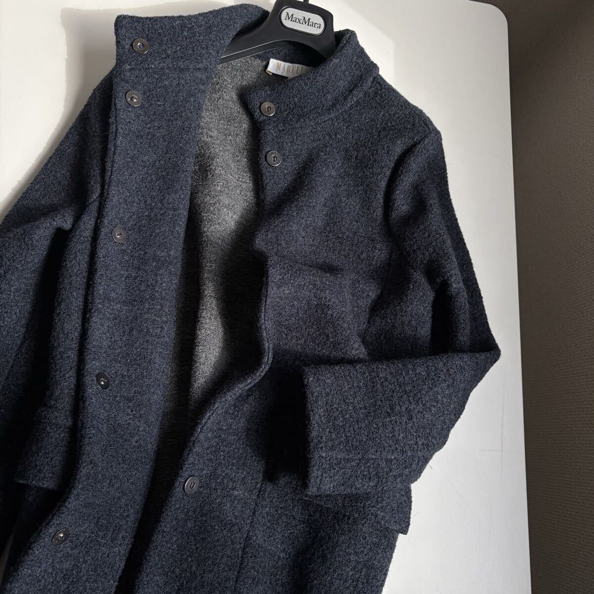 超高級 希少 一枚仕立て MaxMara ダブルフェイス ふんわり柔らかコート マックスマーラ MARELLA マレーラ スタンドカラー 羽織り◎ネイビー拍卖