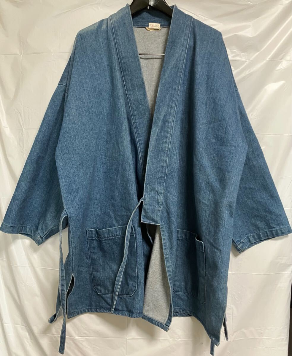 ▲P352▲ ビッグサイズ L USED品 古着 綿100% 薄色 デニム 生地 作務衣 上着 和装 仕事着 稽古着 衣装などにも 中国製拍卖