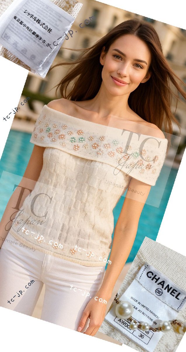 シャネル セーター CHANEL スワロフスキー 極上カシミア ノースリーブ ニット きらきら宝石 ふんわり柔らか カール美人見え 超美品 36 38拍卖