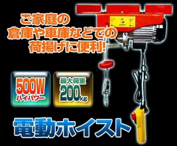 電動ホイスト 電動ウインチ 最大200kg リモコン付 モーター出力 500W 家庭用 100V コンセント対応 荷揚げ拍卖